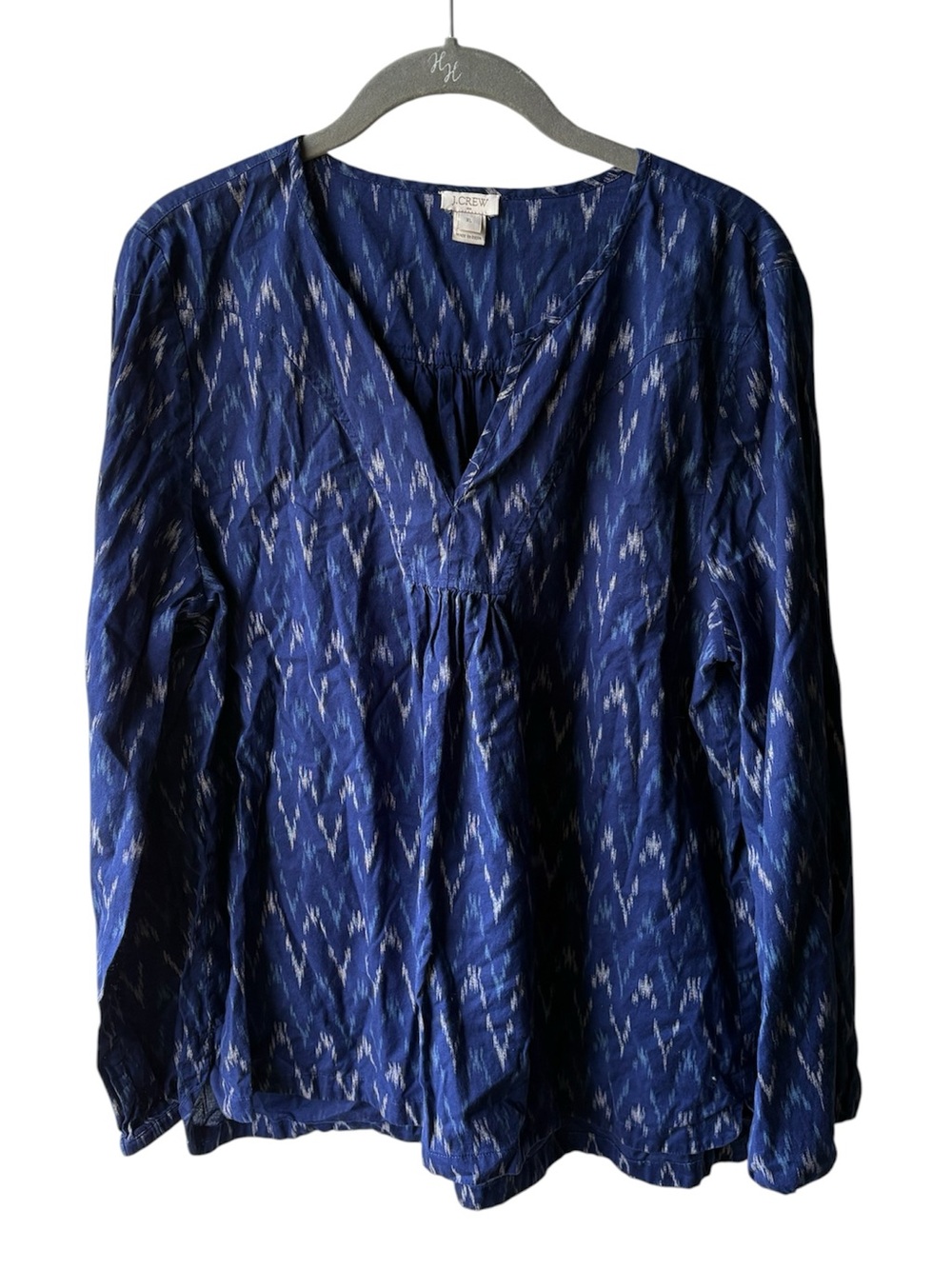 J. Crew Navy Blue Ikat-Print V-Neck Blouse
